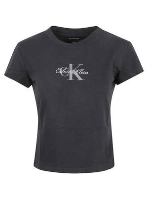MAGLIA DONNA A MANICA CORTA SS SLIM FIT BABY MONOLOGO SCRIPT - CALVIN KLEIN JEANS<BR/> LV047H843G UB1 Black CALVIN KLEIN