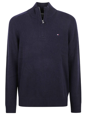 MAGLIONE UOMO CON CERNIERA LAMBSWOOL ZIP MOCK - TOMMY HILFIGER<BR/> MW0MW36536 DW5 NAVY BLUE TOMMY 1 LINEA