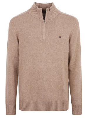 MAGLIONE UOMO CON CERNIERA LAMBSWOOL ZIP MOCK - TOMMY HILFIGER MW0MW36536 RE5 SAFARI CANVAS HEATHER TOMMY 1 LINEA