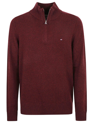 MAGLIONE UOMO CON CERNIERA LAMBSWOOL ZIP MOCK - TOMMY HILFIGER MW0MW36536 V98 BURGUNDY HEATHER TOMMY 1 LINEA