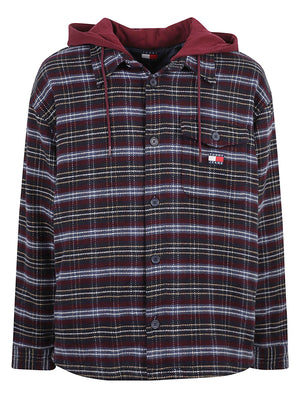 GIACCA CAMICIA UOMO LOGO HOODED OVERSHIRT - TOMMY JEANS<BR/> DM0DM23521 0QM CALYPSO BERRY CHECK TOMMY HILFIGER