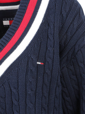 MAGLIONE DONNA CON SCOLLO A V TJW CABLE TIPPING - TOMMY JEANS DW0DW23550 C1G DARK BLUE TOMMY HILFIGER