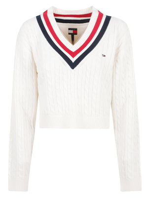 MAGLIONE DONNA CON SCOLLO A V TJW CABLE TIPPING - TOMMY JEANS<BR/> DW0DW23550 YBH OFF WHITE TOMMY HILFIGER