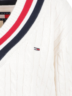 MAGLIONE DONNA CON SCOLLO A V TJW CABLE TIPPING - TOMMY JEANS<BR/> DW0DW23550 YBH OFF WHITE TOMMY HILFIGER