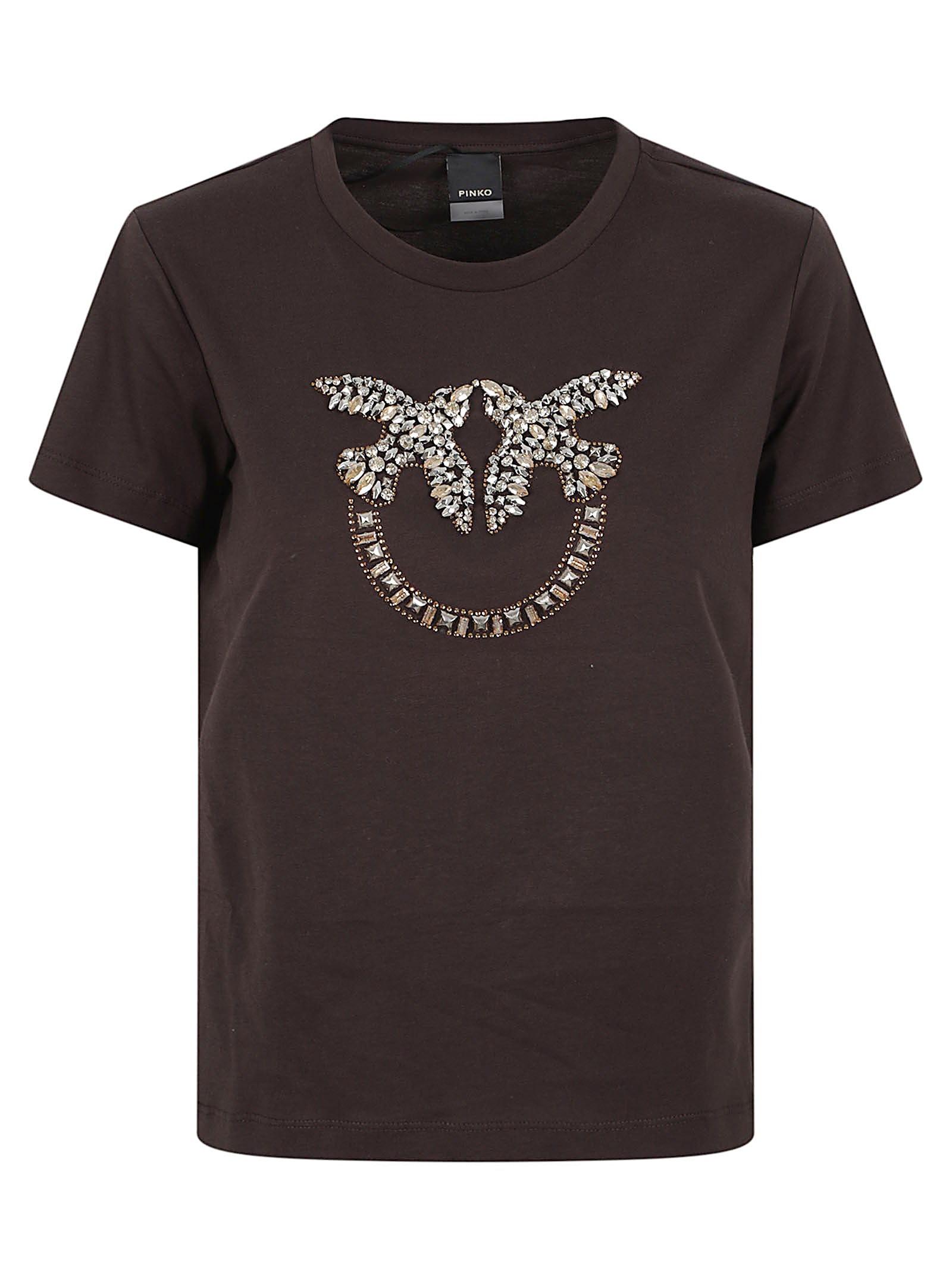 MAGLIETTA A MANICA CORTA DONNA CON STRASS<BR/> 100535 A3JPL72 MARRONE TESTA DI MORO PINKO 