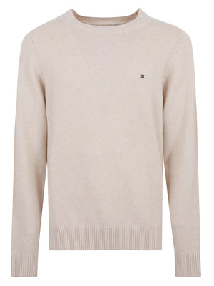 MAGLIONE GIROCOLLO UOMO LAMBSWOOL CREW NECK - TOMMY HILFIGER<BR/> MW0MW36535 HGF HEATHERED OATMILK TOMMY 1 LINEA 
