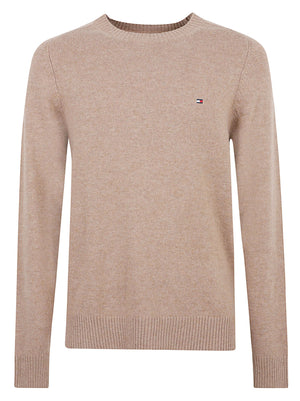 MAGLIONE GIROCOLLO UOMO LAMBSWOOL CREW NECK - TOMMY HILFIGER MW0MW36535 RFG SAFARI CANVAS HEATHER TOMMY 1 LINEA 