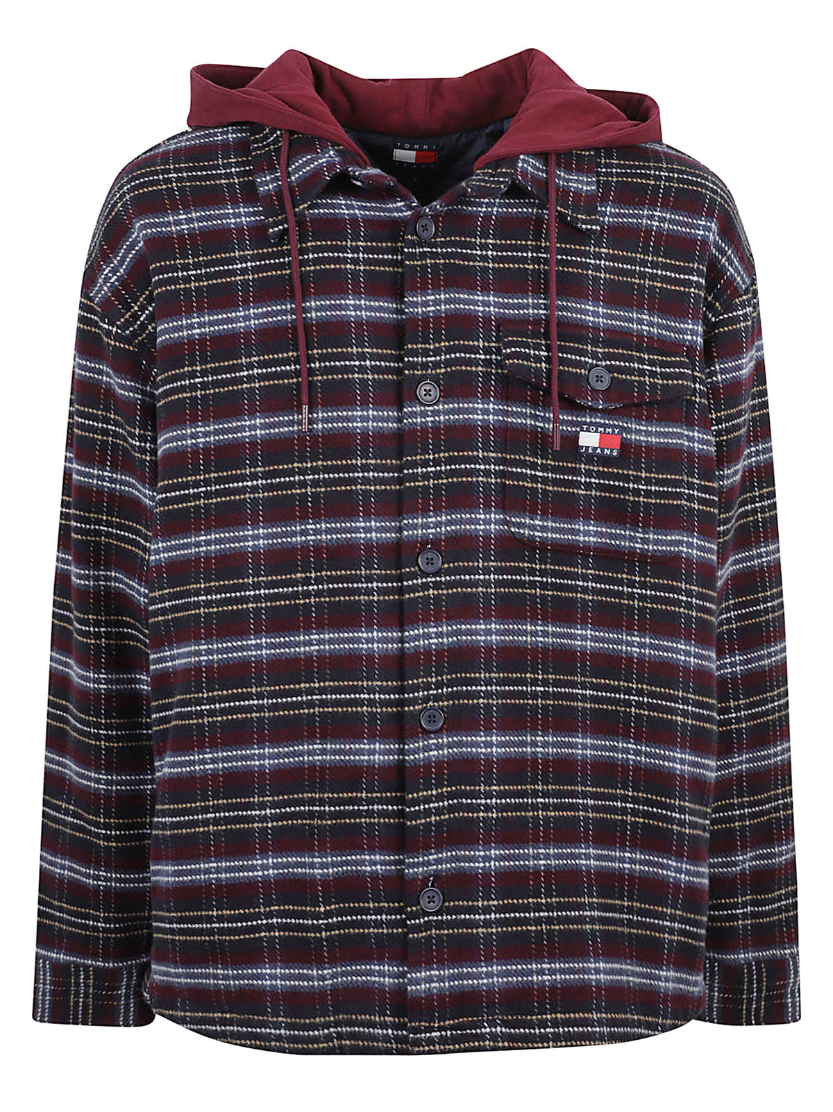 GIACCA CAMICIA UOMO LOGO HOODED OVERSHIRT - TOMMY JEANS<BR/> DM0DM23521 0QM CALYPSO BERRY CHECK TOMMY HILFIGER 