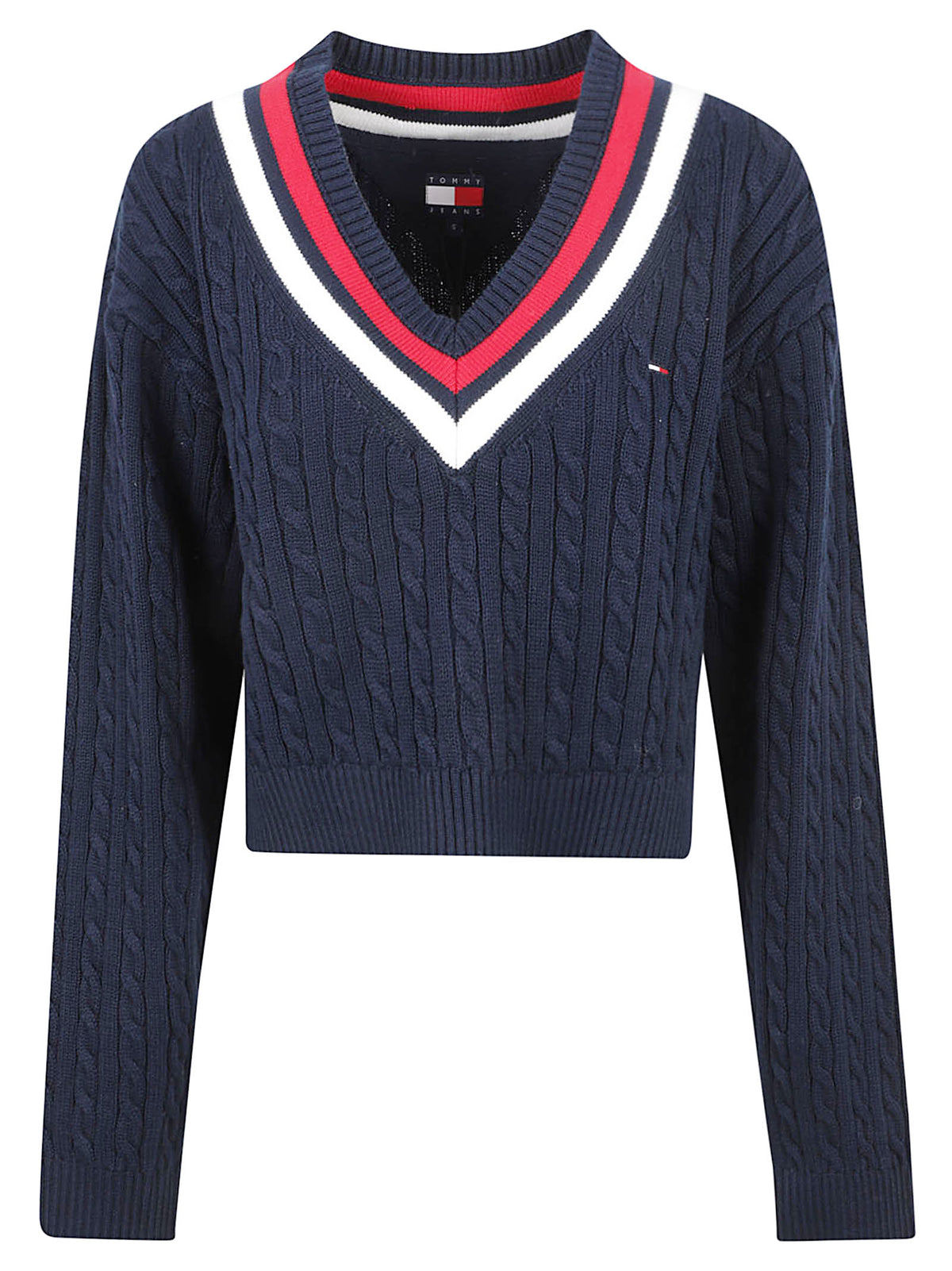 MAGLIONE DONNA CON SCOLLO A V TJW CABLE TIPPING - TOMMY JEANS DW0DW23550 C1G DARK BLUE TOMMY HILFIGER 