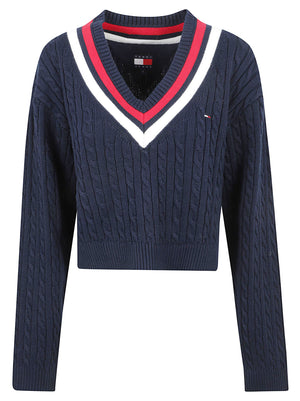 MAGLIONE DONNA CON SCOLLO A V TJW CABLE TIPPING - TOMMY JEANS DW0DW23550 C1G DARK BLUE TOMMY HILFIGER 