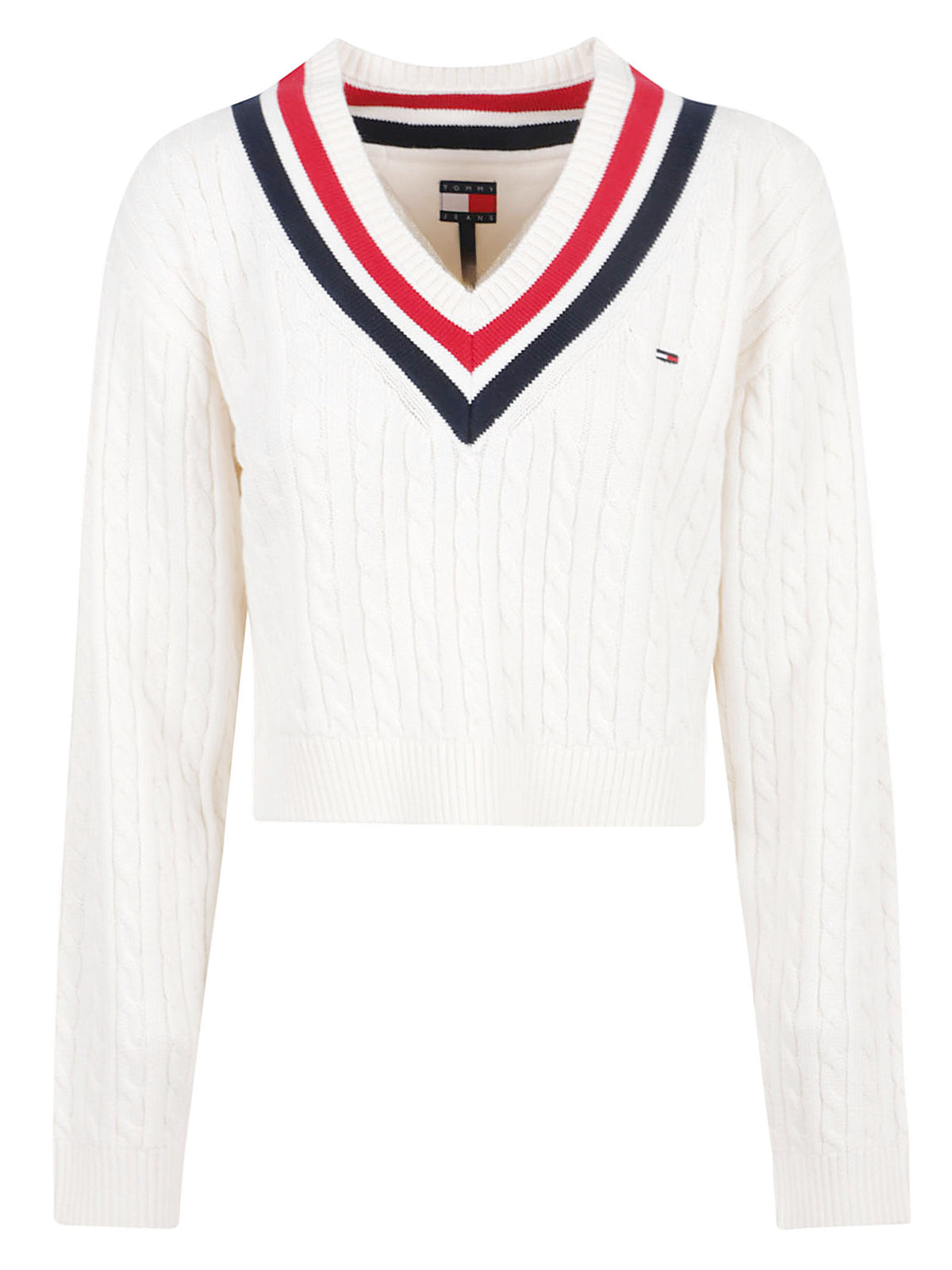 MAGLIONE DONNA CON SCOLLO A V TJW CABLE TIPPING - TOMMY JEANS<BR/> DW0DW23550 YBH OFF WHITE TOMMY HILFIGER 